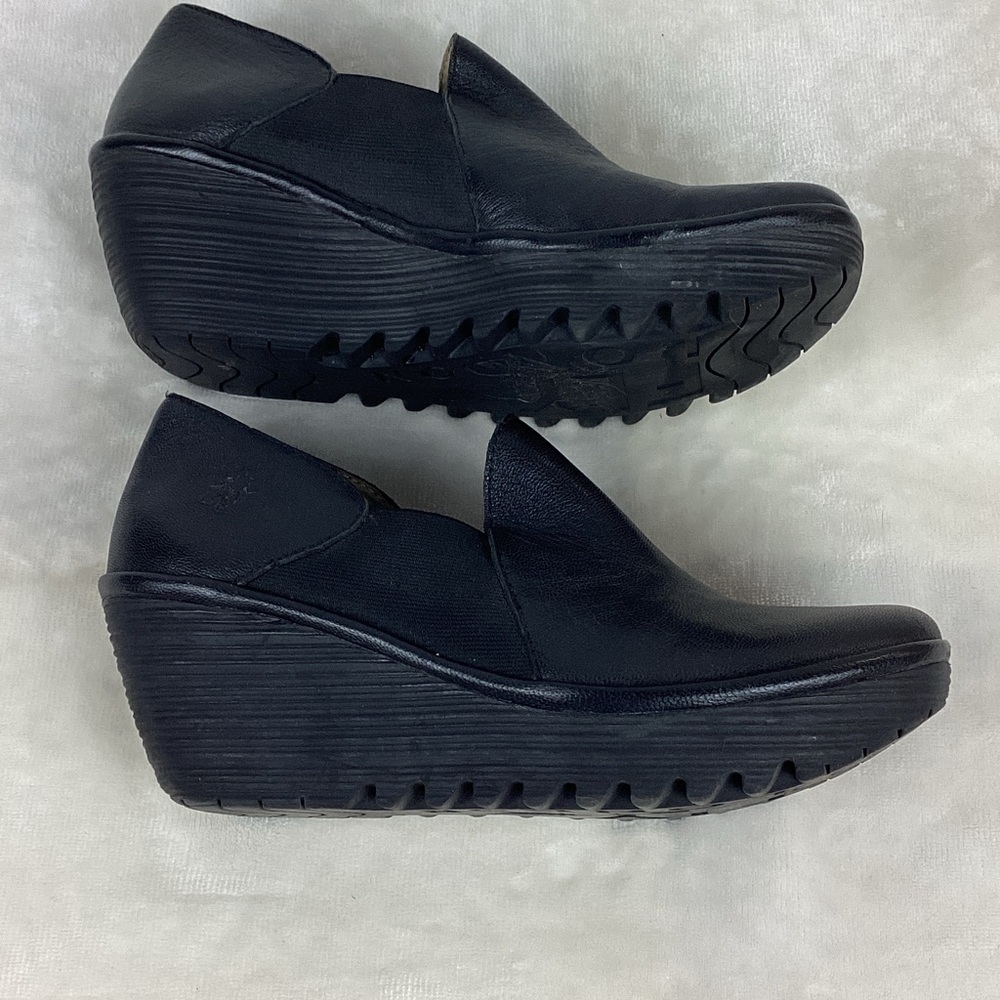 Fly London Black Leather Wedges - Picture 2 of 13